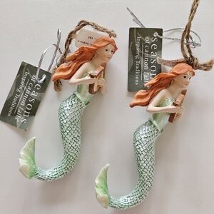 Mermaids Playing A Lyre Hanging Christmas Ornaments Set Of Two